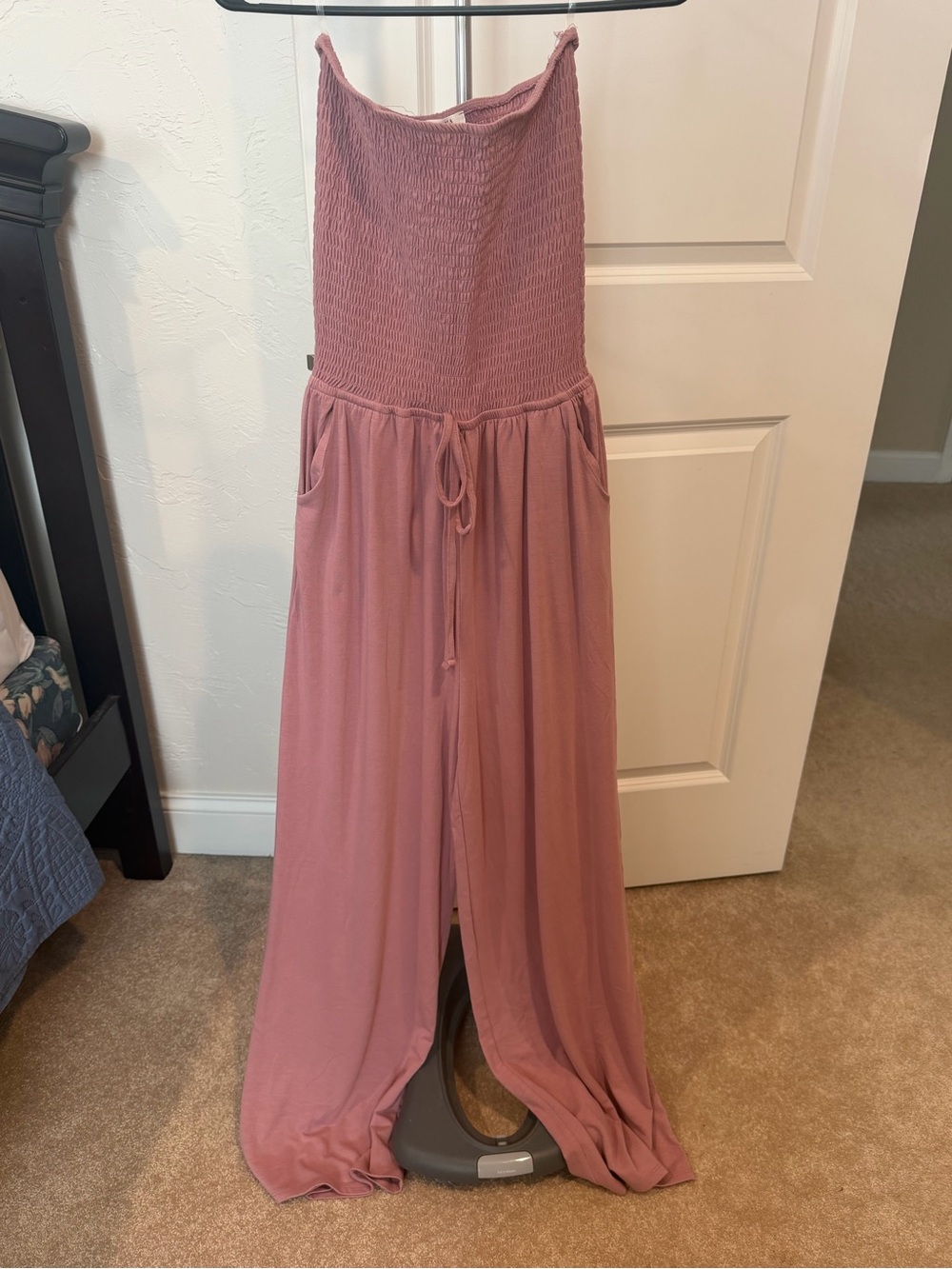 Zenana Outfitters Strapless Smocked Wide-Leg Jumpsuit in Dusty Mauve